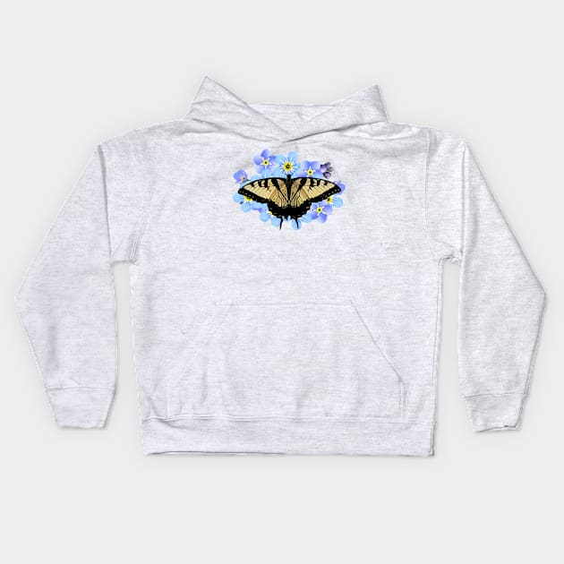 Swallowtail Butterfly On Blue Flowers Kids Hoodie by PhotoArts